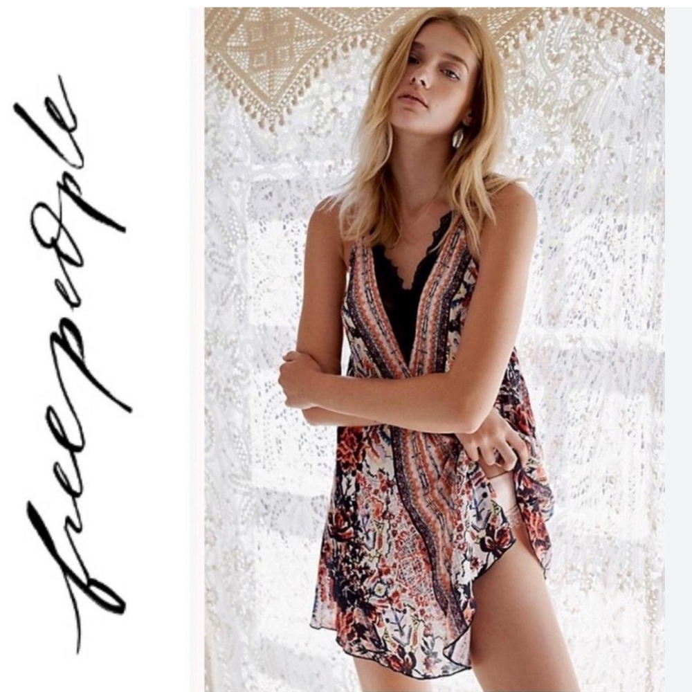 Free People Intimately Love Bird Printed  Vintage Stripe Swing Mini Dress S